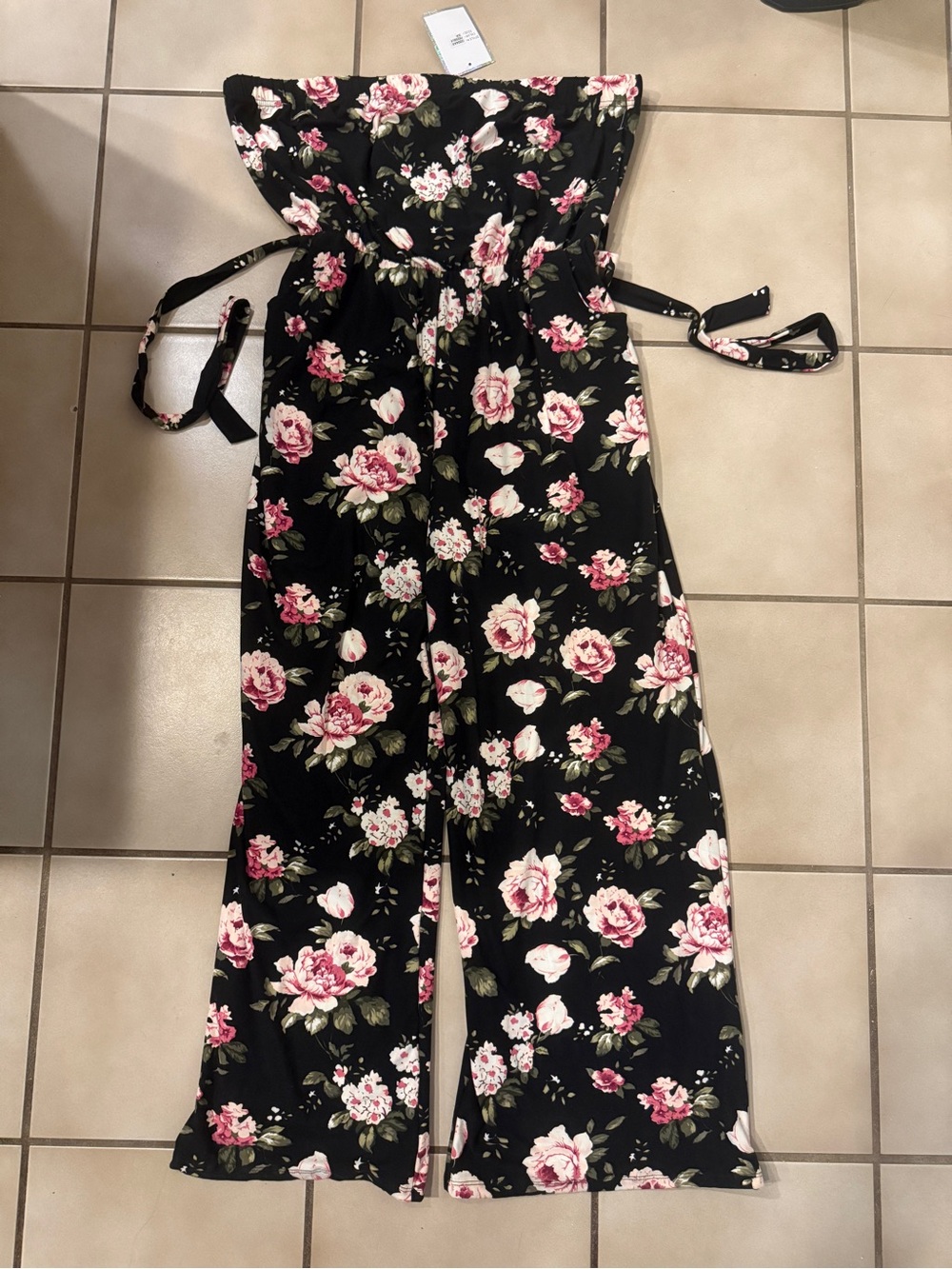 Floral Strapless Wide-Leg Jumpsuit - Black with Pink Roses